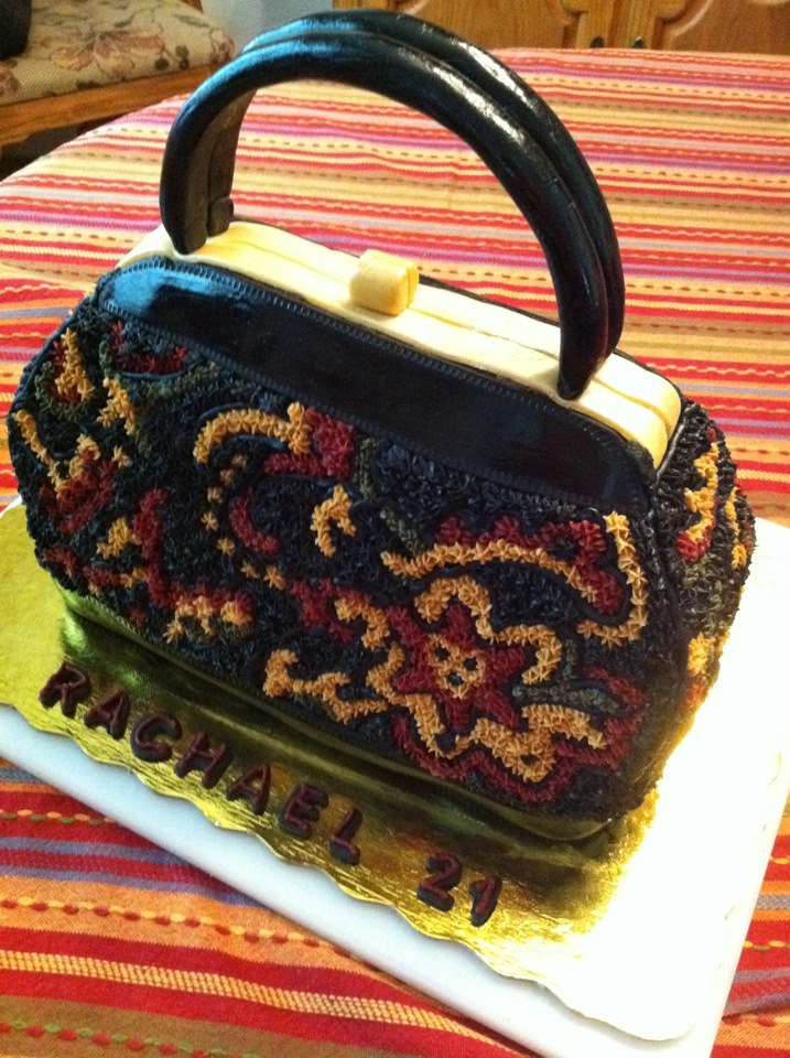 3-D purse cake to resemble a vintage tapestry purse!